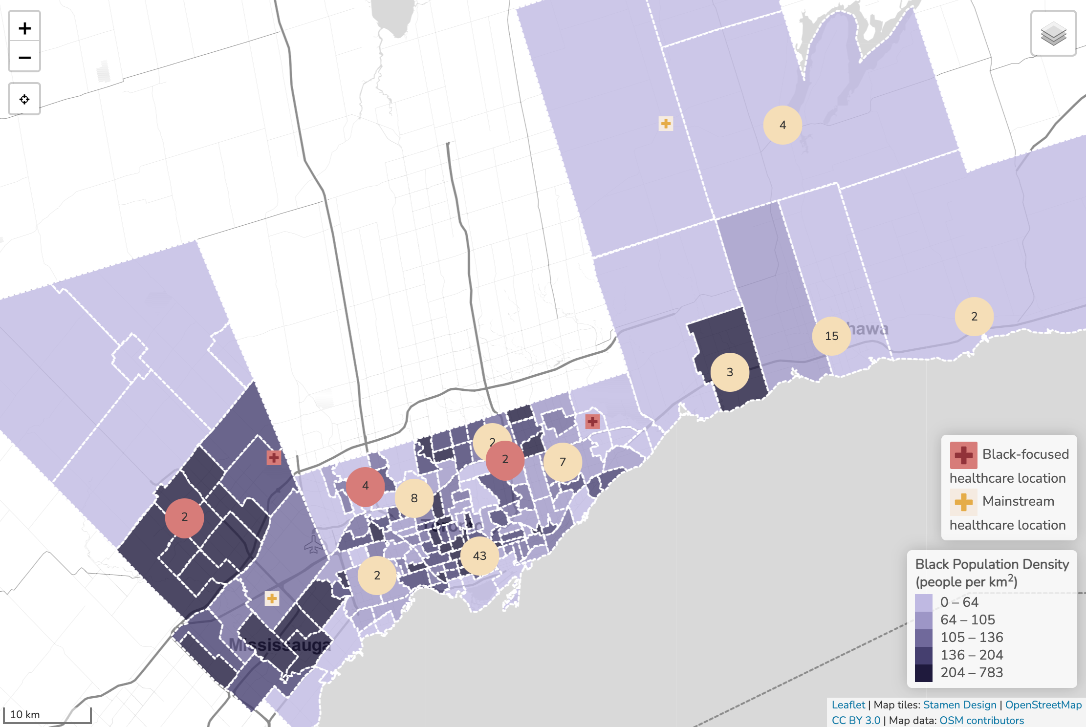 Screenshot of interactive map showing Black-focused and mainstream healthcare locations